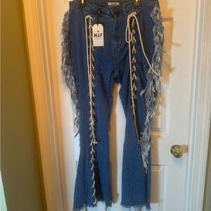 Blue Distressed Lace-Up Women Jeans